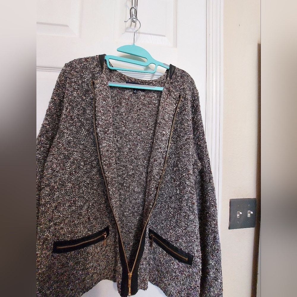 Jones New York tweed jacket with faux leather trim